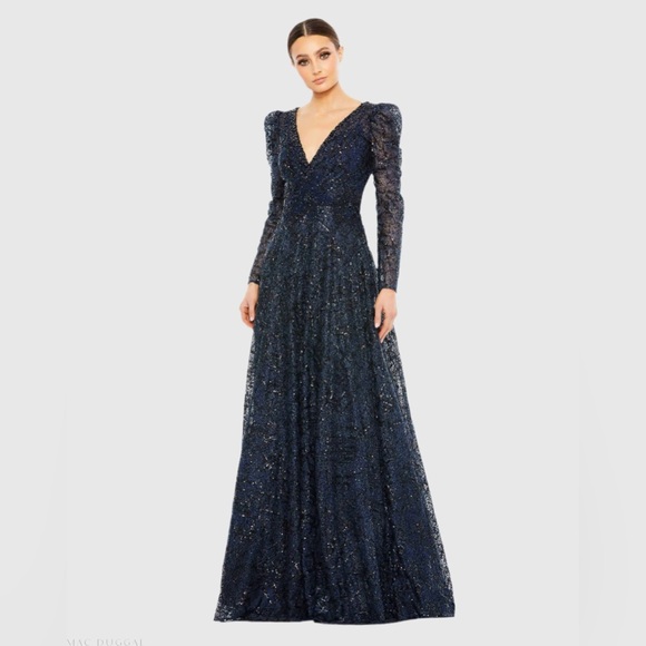 Mac Duggal Navy Embellished V Neck Long Sleeve A Line Gown